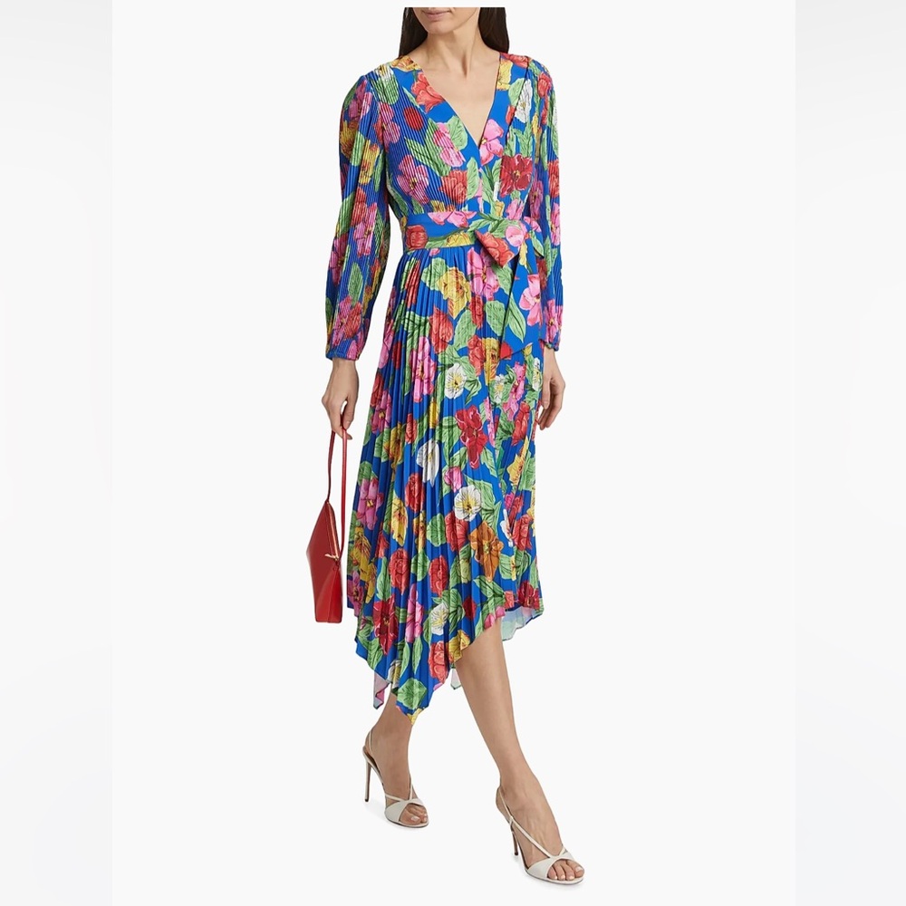 Milly Liora Floral Pleated Tie-Waist Midi Dress Size 4 NWT
